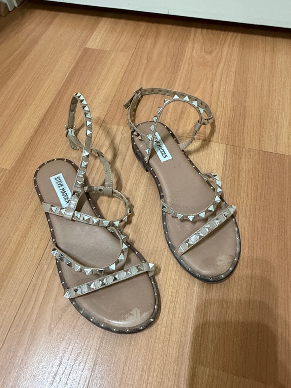 Steve Madden Taupe Pyramid-Stud Ankle-Strap Sandals